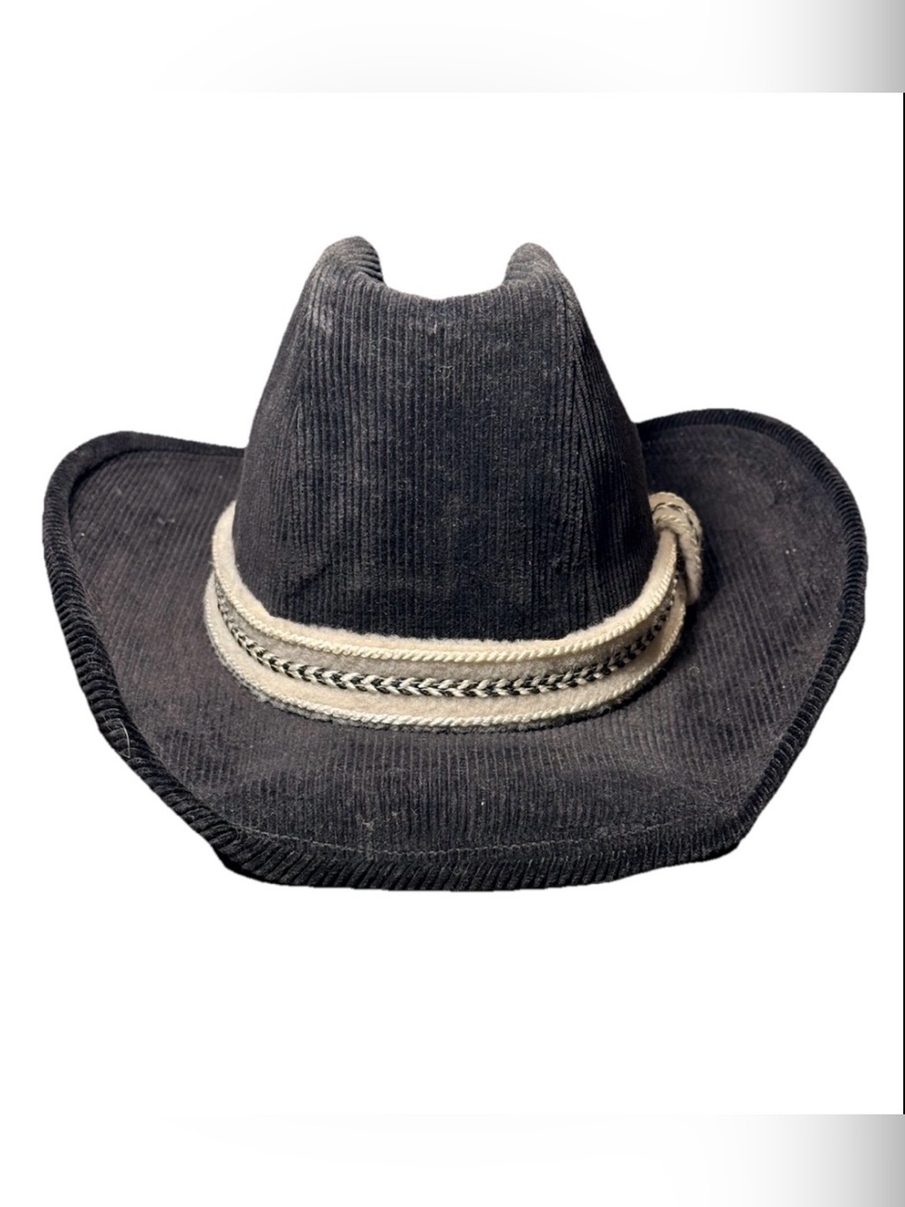 Men's Vintage Black Corduroy Cowboy Hat with Cream Braided Band